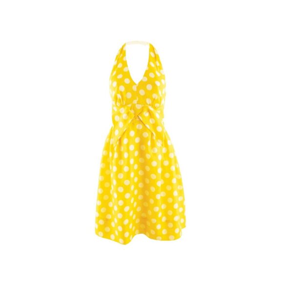 HOBBS Canara Yellow Polka Dot Linen Bow Fit & Flare Halter Dress, Size 10/S - Picture 1 of 16